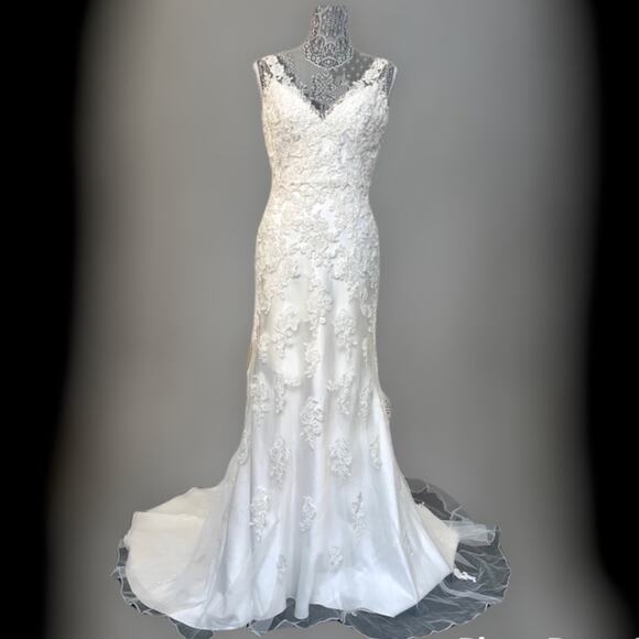 Mia Solano Dresses & Skirts - Mia Solano ‘Cate’ Ivory V Neck Beaded Sleeveless Backless Sheath Wedding Dress